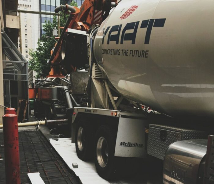 Concrete companies Vancouver mixer truck at worksite