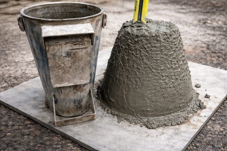Concrete slump test showing cone mold and fresh concrete measuring workability on a job site