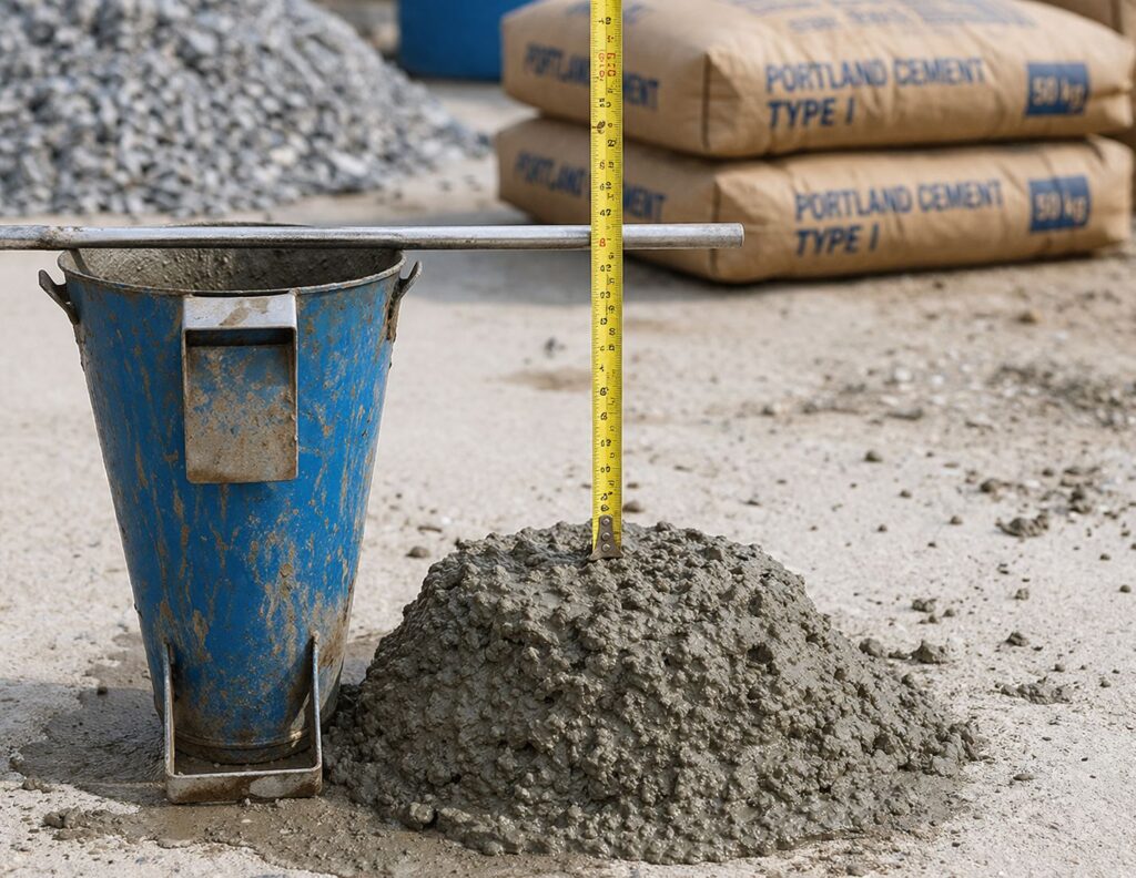Concrete slump test with metal cone and measuring tape showing fresh concrete workability on site
